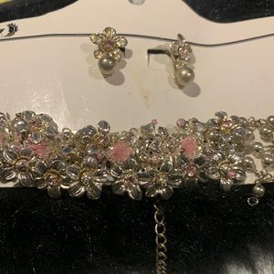 Simply beautiful, choker, silver color, and pink accent matching earrings